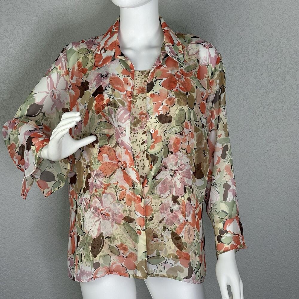 Vintage Y2K Chiffon Top Set Layering Cottage Fairy Floral 3/4 sleeve Sz XL